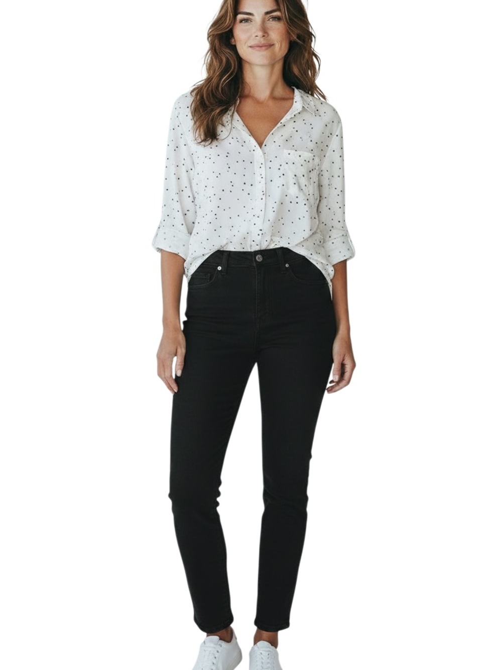 Skies Are Blue Blouse Womens L Ivory Star Print Button Front Roll Tab